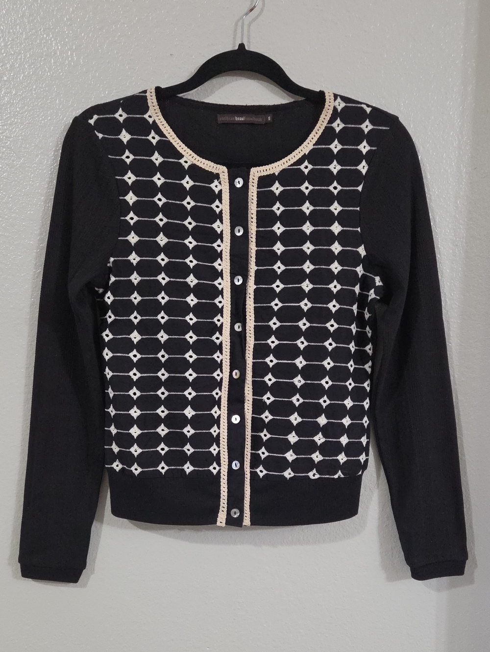 AzelHazelHazel Black & White Geometric Button-Front Cardigan with Cream Trim
